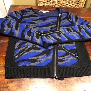 DVF Diane von Furstenberg Blue Camo Moto Wool Blend Sweater